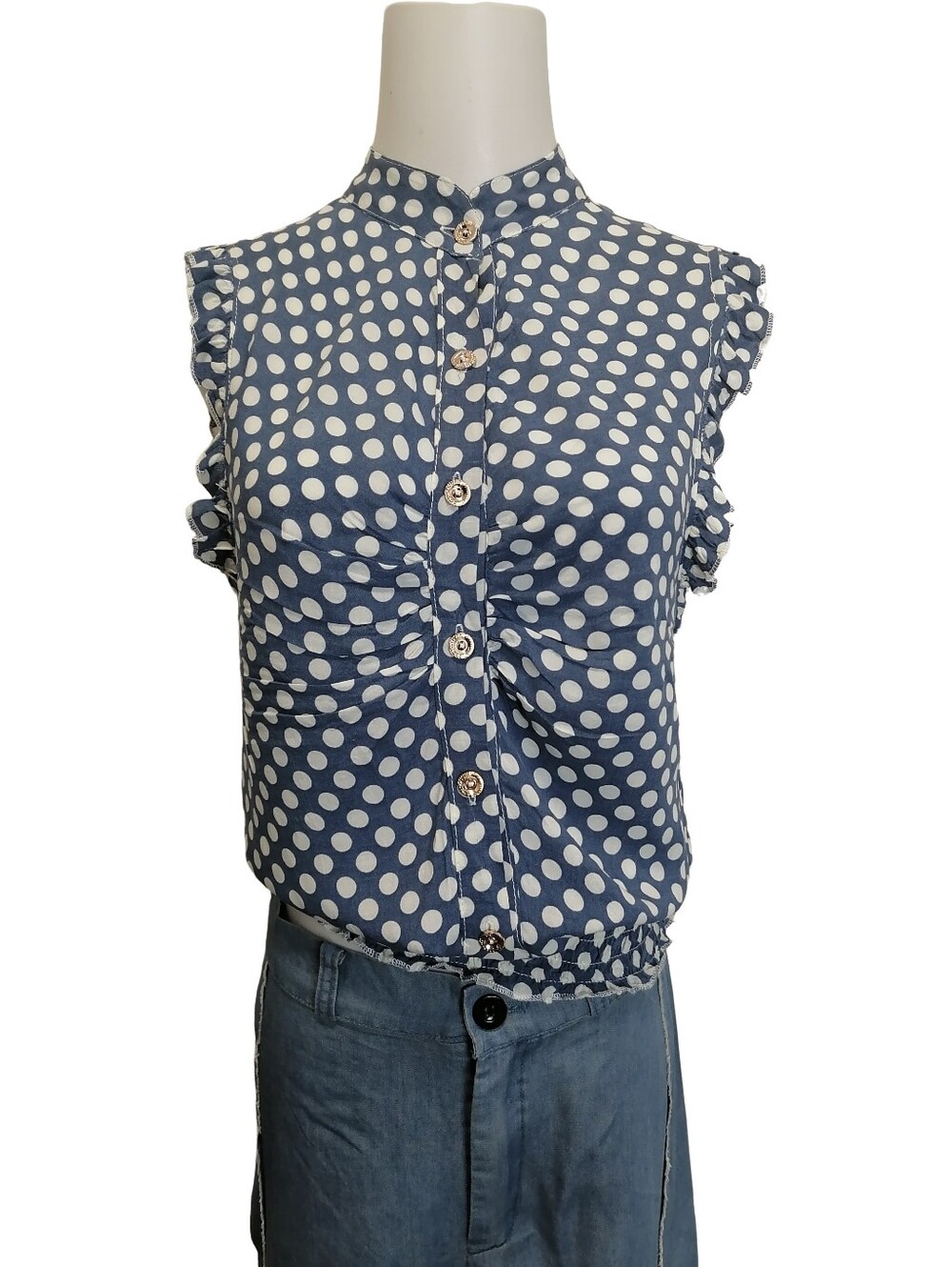 🔵 Blue Polka Dot Sleeveless Blouse - Classic Button Front